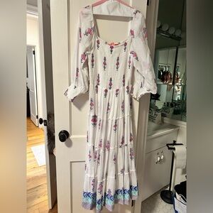 Oliphant White Maxi Dress with Pink and Blue Patterns
